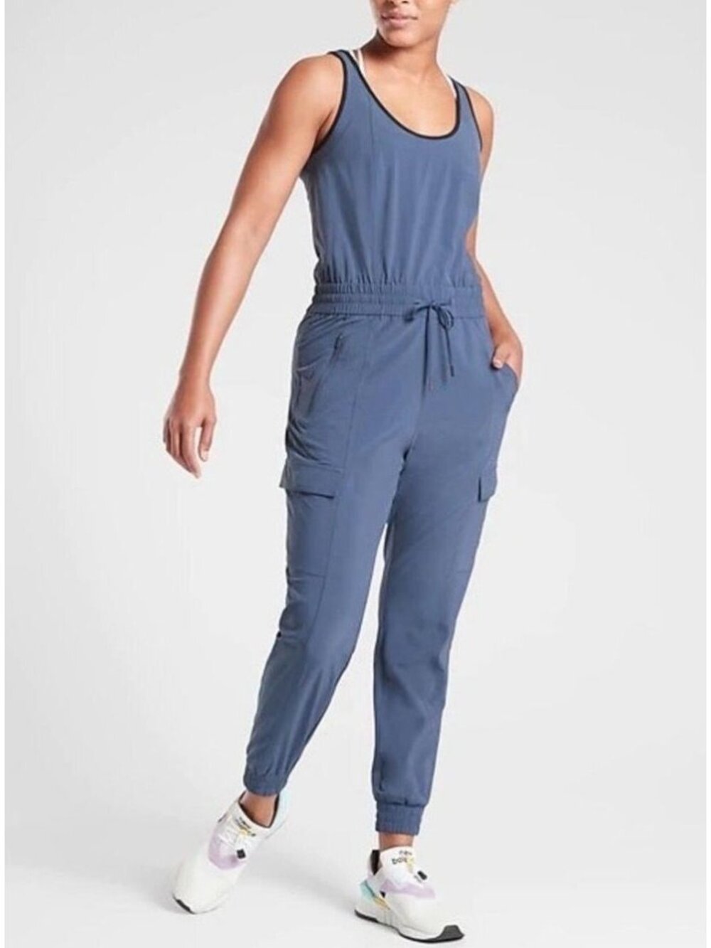 Athleta Blue Unbound Jumpsuit Sleeveless Jogger Pockets Size Medium Athleisure